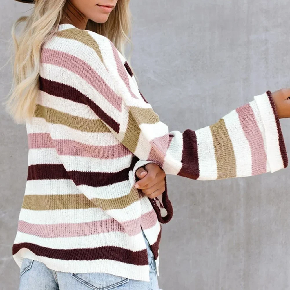 Pink Casual Loose Bell Sleeves Striped Knit Sweater - Picture 10 of 15